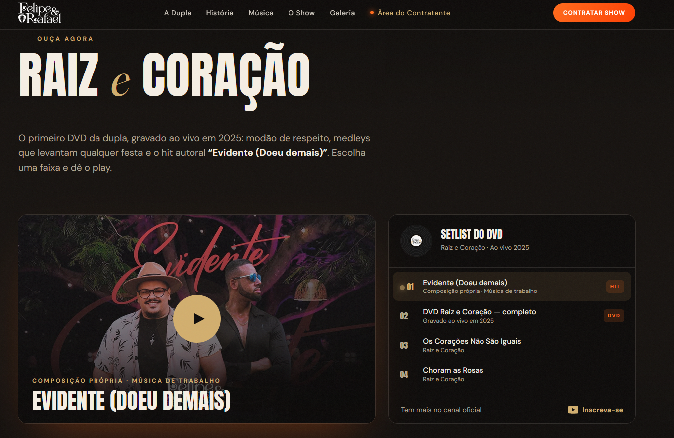 Player com o hit autoral "Evidente" e o setlist completo do DVD, ligado ao canal oficial no YouTube.