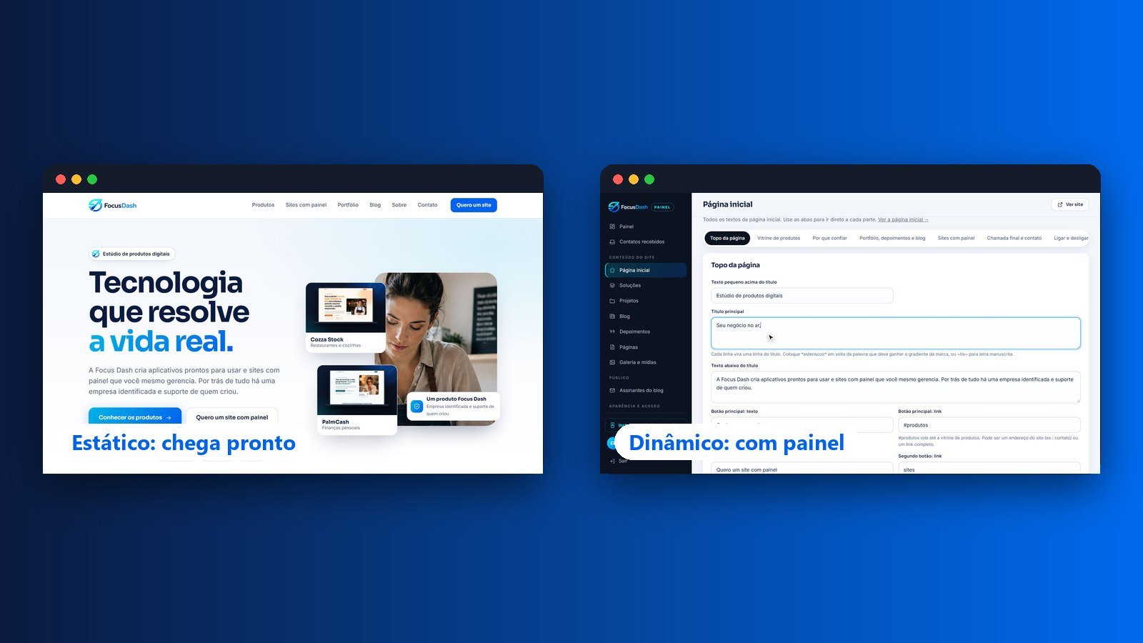 Comparação entre um site estático e um site com painel