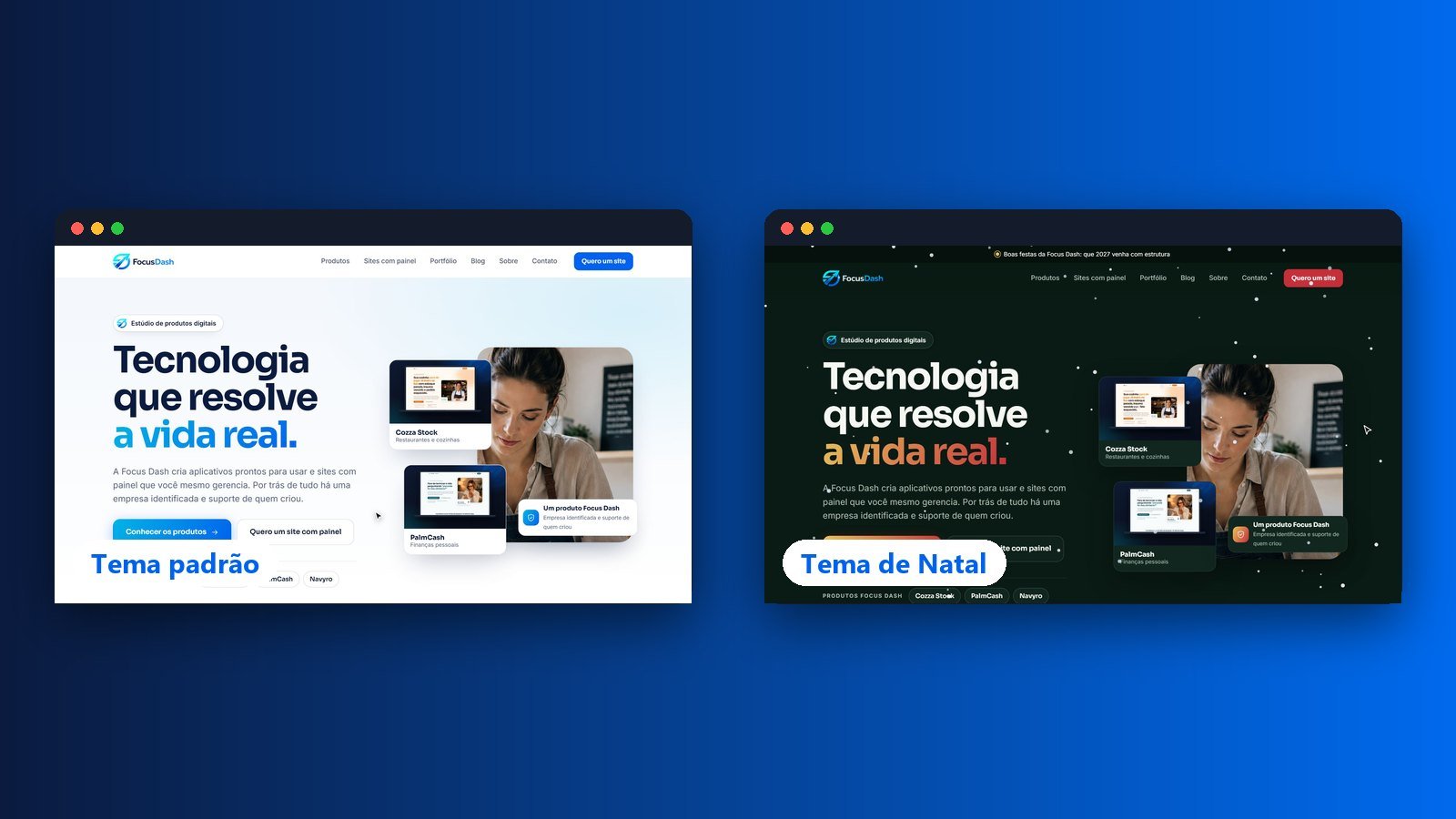 O mesmo site no tema padrão e no tema de Natal